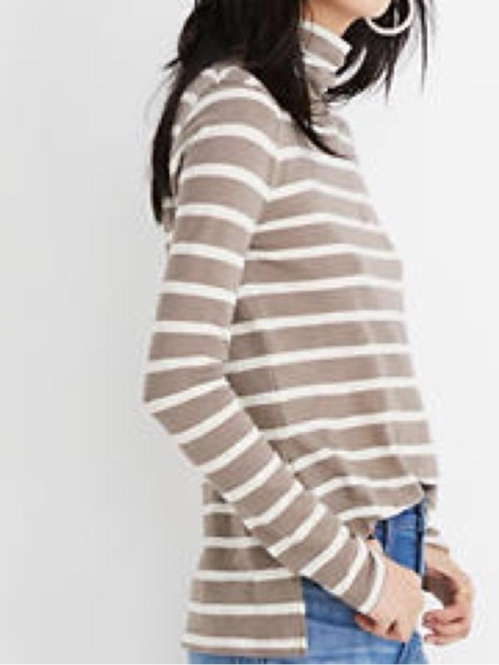 Striped Taupe and White Turtleneck Long-Sleeve Top